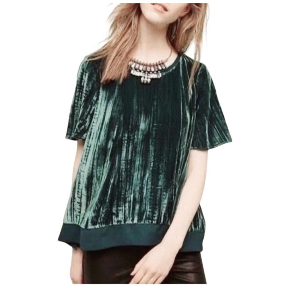 Anthropologie Maeve Crushed Velvet Top Womens Size M Opulent Boho Romantic Green